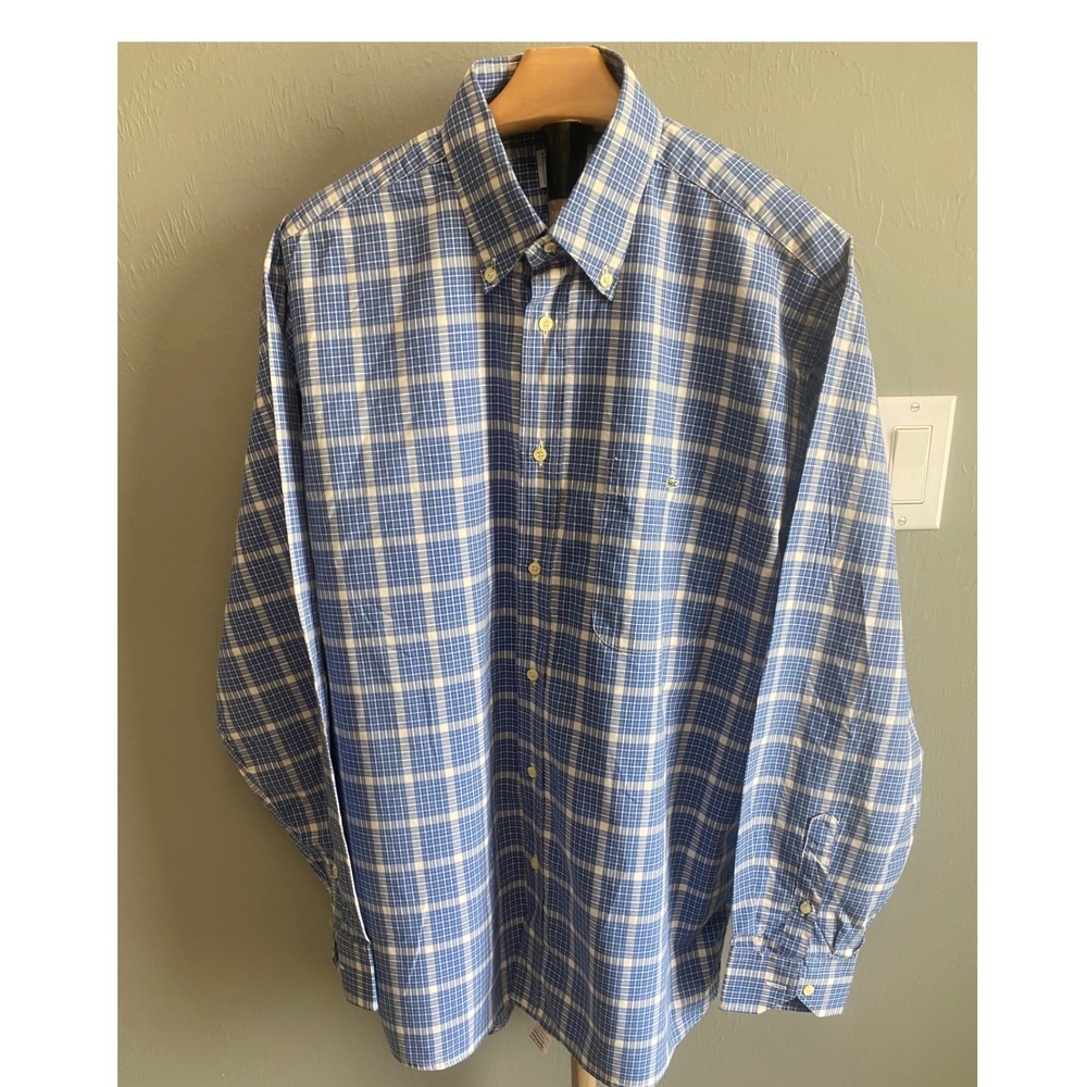Lacoste Mens Blue Plaid Long Sleeve Button Down Shirt Size 41 Crocodile Logo